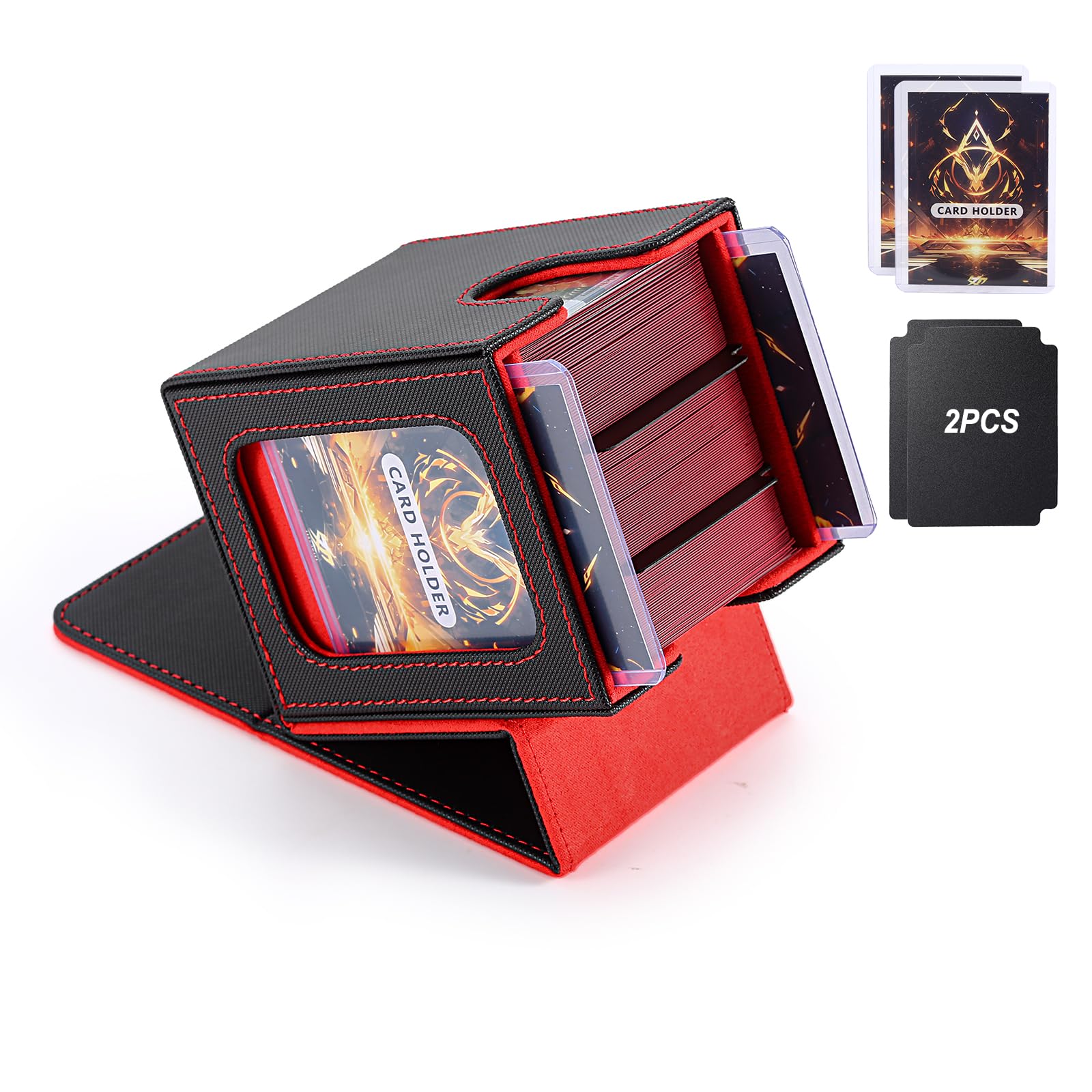Photo 1 of MTG Deck Box, Double Display Window MTG, Commander Deck Box Fits 120+ Single Sleeved Cards, PU Leather Magnetic Closure Card Box with 2 Dividers&2 Toploaders for TCG, CCG, Black/Red