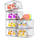 Sturdy Clear Shoe Organizer with Magnetic Door, Stackable Shoe Storage Box | Thick Plastic Shoe Storage for Sneakers &amp; Boots, Collapsible Closet Shoe Rack and Clear Shoe Box, 6 Pack White