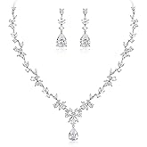 BriLove Gorgeous Wedding Jewelry Set for Women Bridal Cubic Zirconia Marquise Teardrop Leaf Cluster Y-Necklace Dangle Earrings Link Bracelet