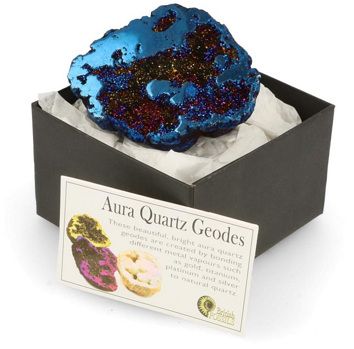 Bright Rainbow Celestial Aura Quartz Geode Cluster Druzy Crystal Healing Mineral Gift-Boxed (Blue)
