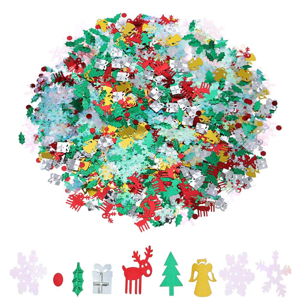 Vocoliday 100g/4800Pcs Christmas Confetti Mix - Foil Snowflake, Angel, Gift Box, Holly Sequin, Red Dot, Elk, Christmas Tree Confetti Bright for Party Decoration Set (Style 2)