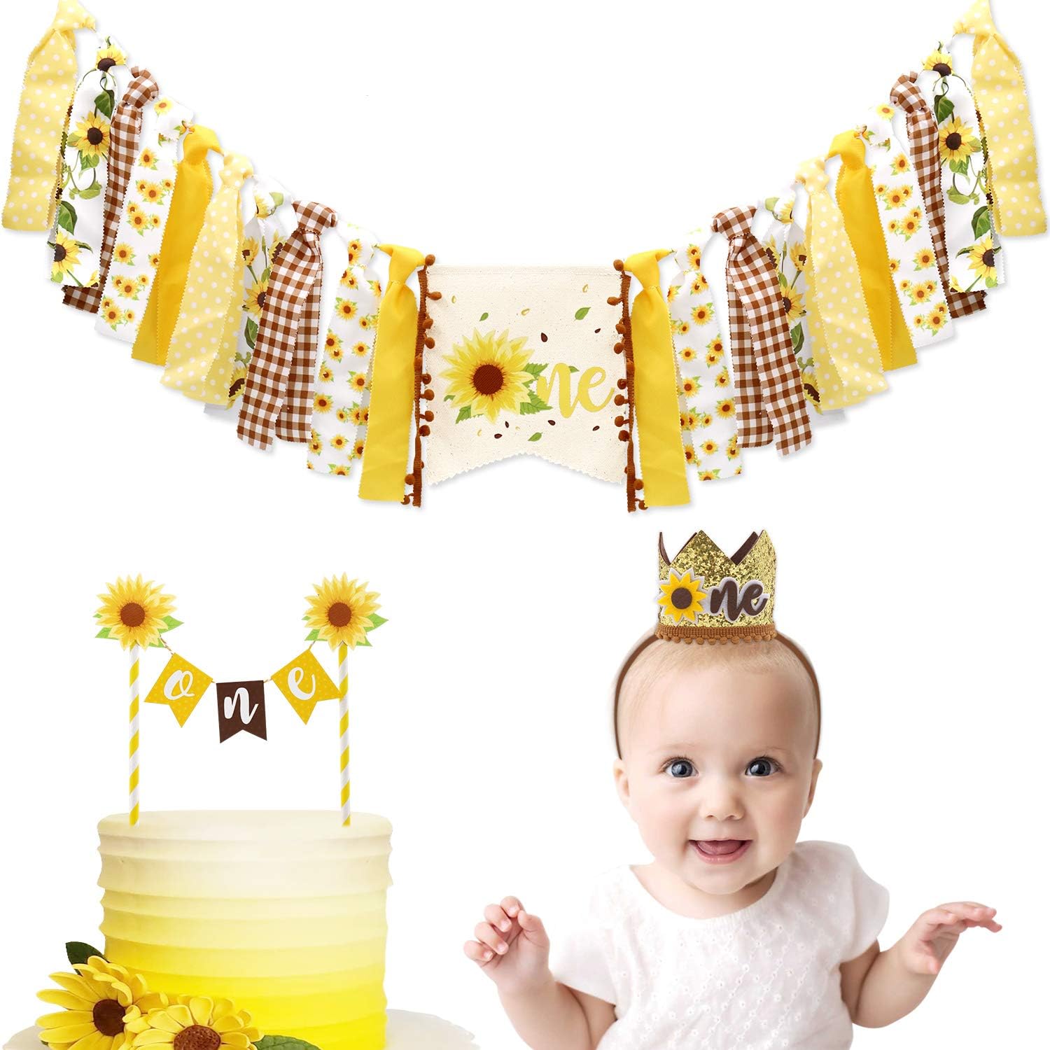 Amazon Com Vansolinne Sunflower 3 In 1 Birthday Party Decorations Highchair Banner Cake Topper And Mini Crown Hat Baby Girl First Birthday Supplies Summer Theme Cake Smash Photo Prop Toys Games