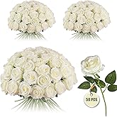 FLORRALIA 50PCS Artificial Silk Roses Flowers – Realistic Fake Roses in Bulk & Bouquet Long Stem White Rose for Wedding Centerpieces, Home Decor, Floral Arrangements, Party Decoration (White)
