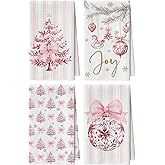 Artoid Mode Pink Stripe Xmas Tree Ornament Christmas Bar Kitchen Towels, 12x24 Inch Quick Dry Microfiber Cloth Dish Towels for Drying Set of 4