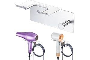 XILIMEN Hair Dryer Holder Wall Mounted, Blow Dryer Holder Adhesive, Metal Hairdryer Holder for Bathroom, Hair Tool Organizer with Plug&Cord for Cabinet Bathroom Bedroom Barber Shops