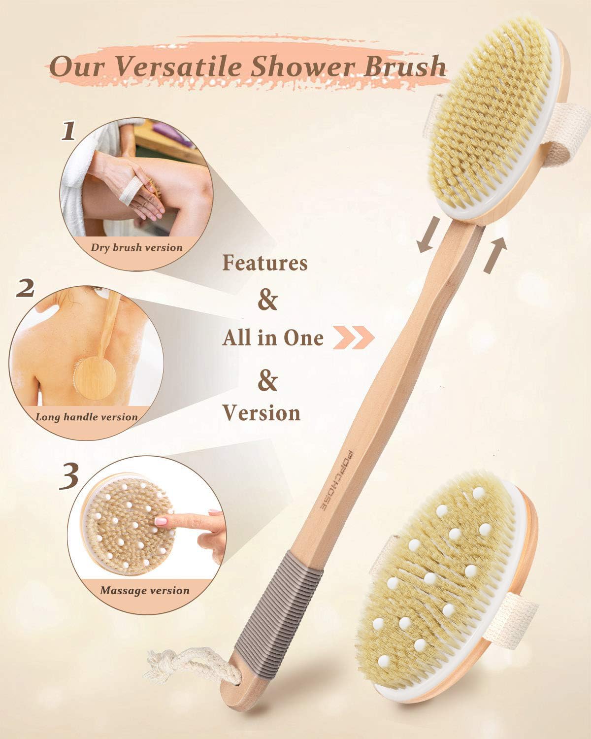 Dry Brushing Body Brush, POPCHOSE Body Scrubber for Men Women, Back Scrubber for Shower, Natural Bristle Exfoliator Scrubber for Body Cellulite and Lymphatic, Long Handle, Detachable, Dual Brush Heads