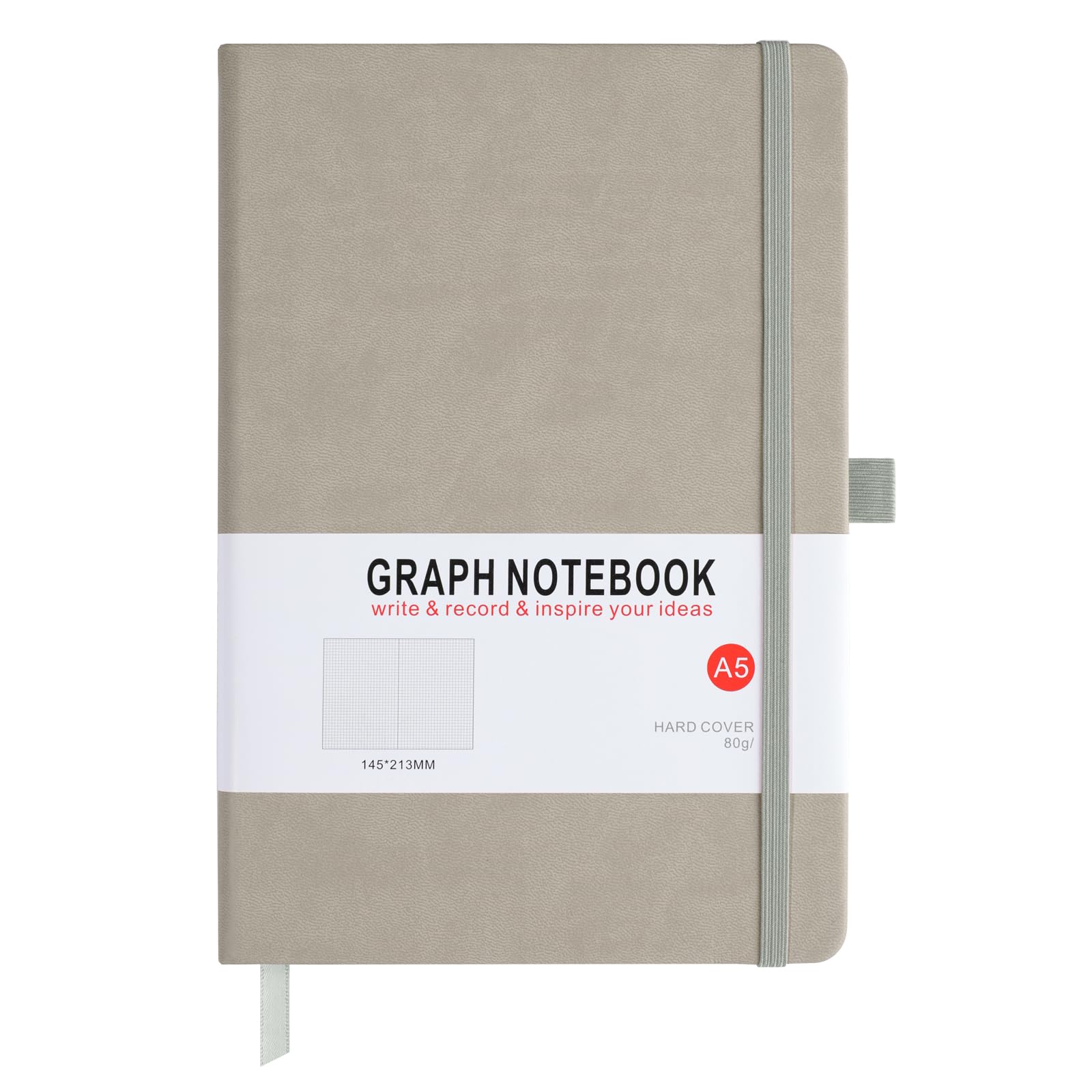 A5 Graph Paper Notebook, Squared Notebook 200 Pages A5 Hardback Notebook with Pen Loop, and Inner Pocket, for Office School Home Business Writing & Note Taking (Gray)