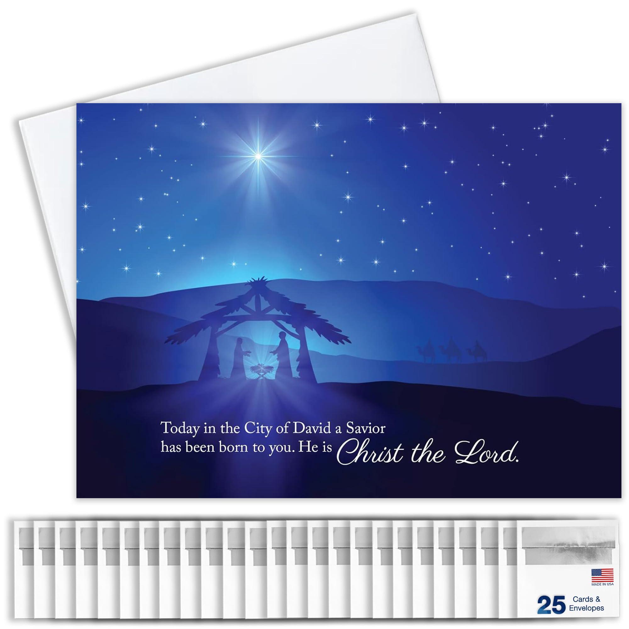 Christmas Greeting Cards - H1601. Greeting Cards Featuring a Nativity Scene with a Biblical Christmas Message. Box Set Has 25 Greeting Cards and 26 White with Silver Foil Lined Envelopes.