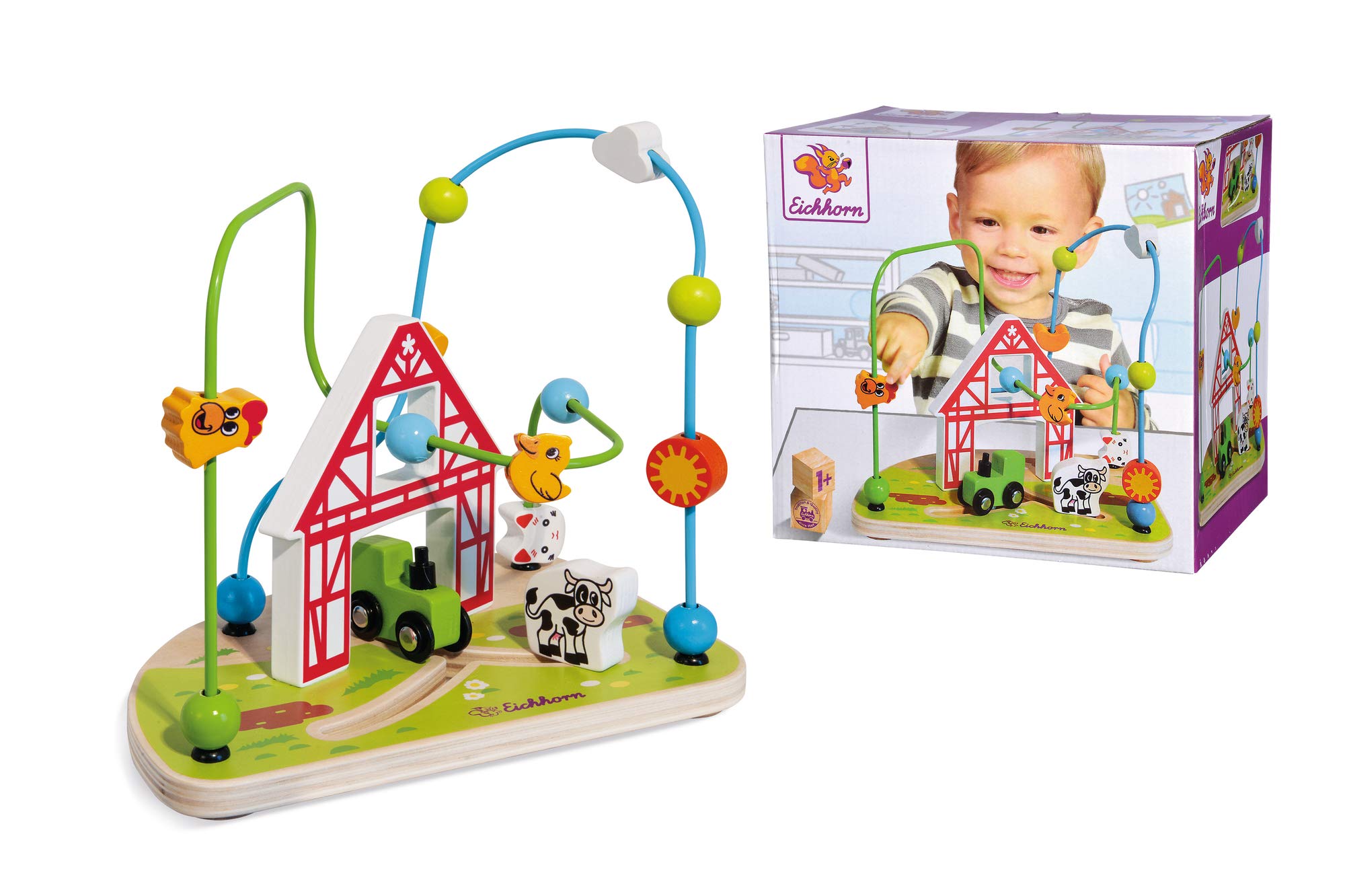 Eichhorn 100003714 Farm Motor Skills Bow for Promoting Motor Skills 2 Bows Tractor and Cow for Moving 16 x 23 x 20 cm Made of Wood, from One Year