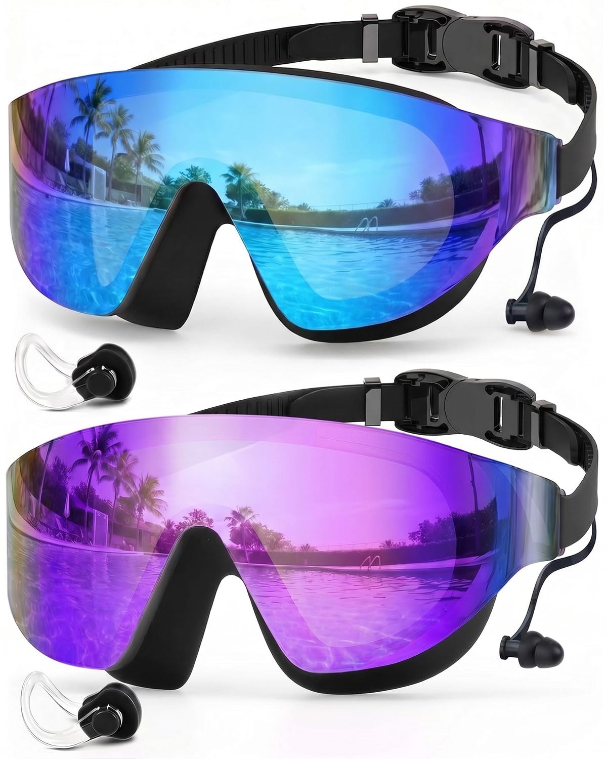Zoomsnail Swim Goggles 2 Pack, Rimless Wide View Swimming Goggles for Adult, Anti-Fog Anti-UV No Leaking Pool Goggles for Men Women Youth