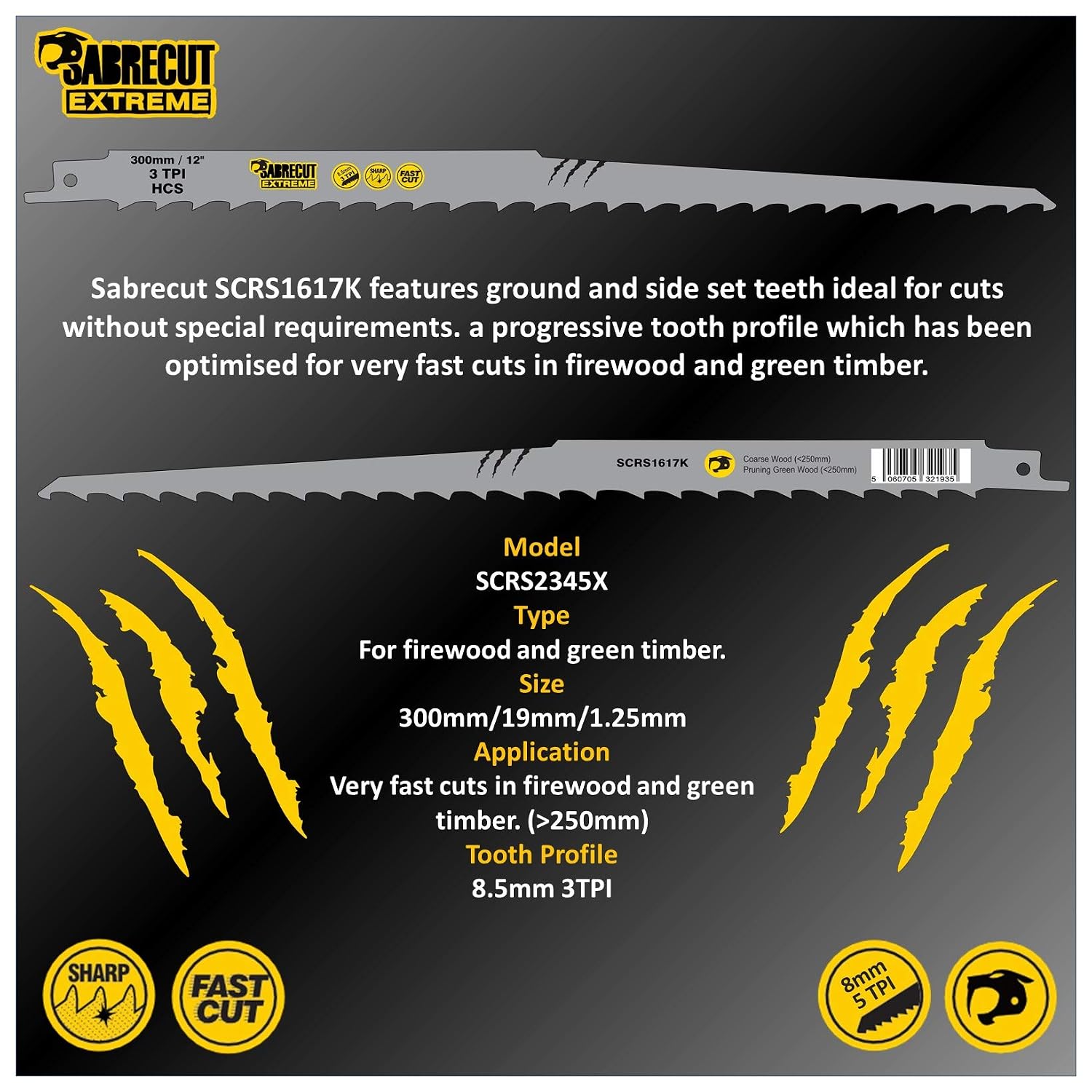 3 x SabreCut SCRS1617K_3 300mm 3 TPI S1617K Very Fast Wood Cutting Reciprocating Sabre Saw Blades, Green - Image 4