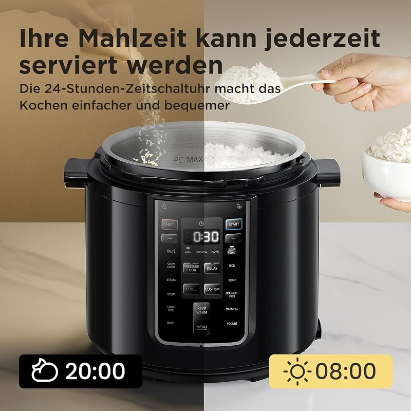 Elektrischer Schnellkochtopf 6L, 9-in-1 Multikocher mit 14 Funktionen, Joghurtbereiter, Reiskocher, Slow Cooker, Sous Vide, Dampfgarer, Nudelkocher, Edelstahl Innentopf, Schwarz