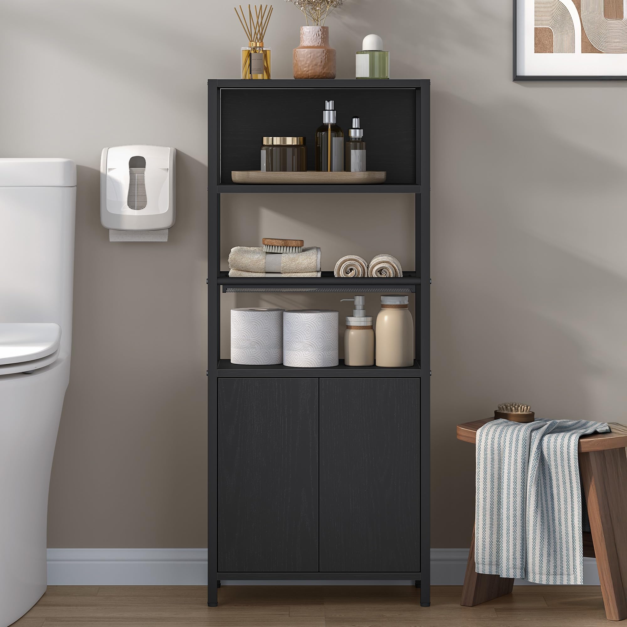 Photo 1 of **It is used, it is missing a part and it is not known if it works 100%****Hzuaneri Storage Bathroom Cabinet, Bathroom Floor Cabinet with Doors and Open Adjustable Shelf, Small Cabinets with Ventilated Metal Grid, Freestanding Storage Cabinets, Black 7.9"