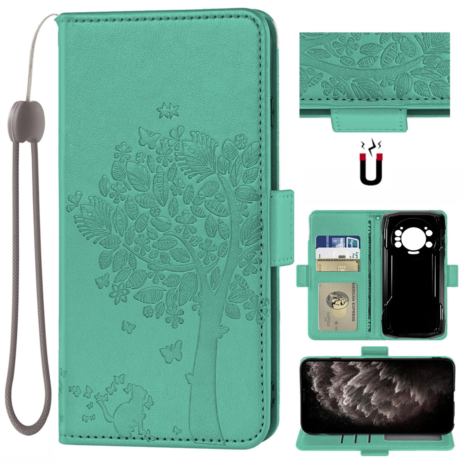 Auotu PU Leather with camera lens protection Wallet Pouch Flip Case Cover With Stand Card Slot Design For Cubot KingKong Star Smartphone (Green With Tree Pattern)