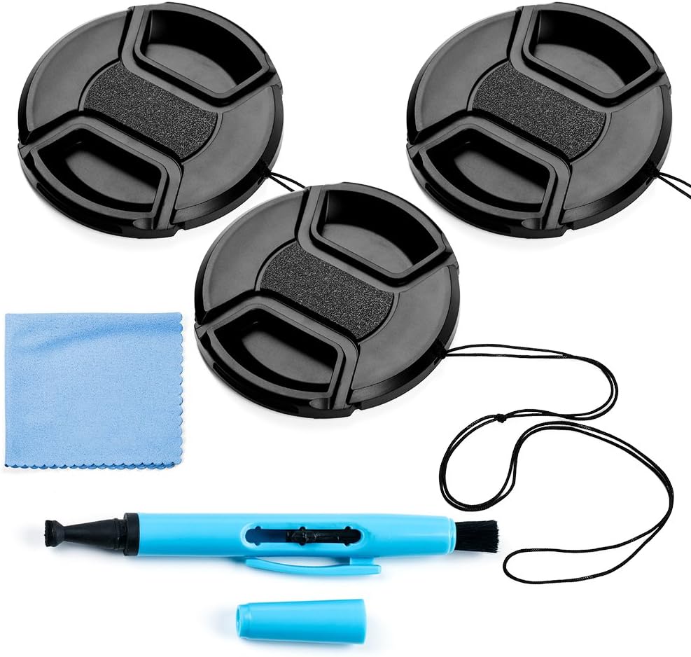 Fotover 58mm Lens Cap Bundle, 3 Pack Universal Snap on Front Centre Pinch Lens Cover Set with Microfiber Lens Cleaning Cloth for Canon Nikon Sony Olympus DSLR Camera + Camera Lens Cleaning Pen
