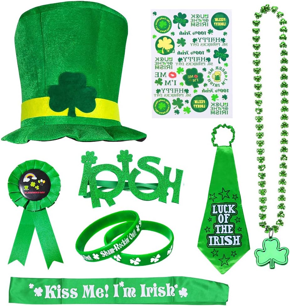 St Patrick's Day Accessory Set, SPECOOL Irish Party Favor, Shamrock Hat, Necklaces, Rubber Wristbands Bracelets, Stickers, Necktie, Badge, Glasses, Sash for Party, Parade or Celebration