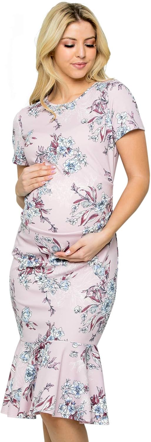 My Bump Maternity Midi Dress - Fitted Stretch Short Sleeves Mermaid Flare Ruffle at  Women’s Clothing store