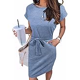 Arolina Womens Summer Short Sleeve Striped T Shirt Dress Casual Midi Dresses Crewneck Tie Waist with Pockets