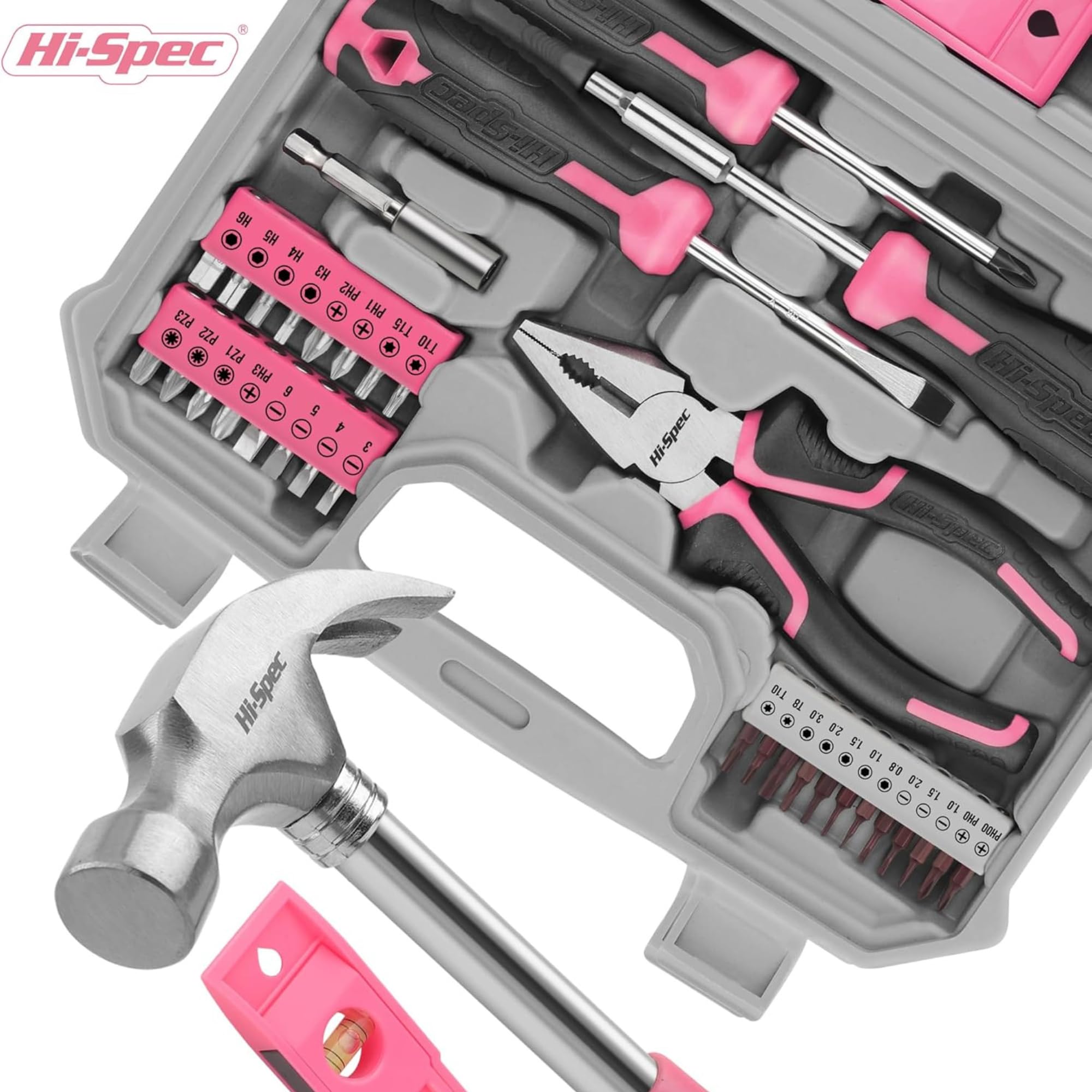 Hi-Spec Werkzeugset mit Koffer, Hammer, Bits und Maßband, Pink 6