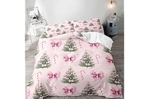 LUVIVIHOME 2PCS Pink Bow Christmas Tree Duvet Cover Twin Bedding Sets, Teen Girls Bedding, Xmas Tree Candy Cane Winter Holiday Christmas Comforter Cover, Coquette Room Decor Aesthetic, 1 Pillow Sham