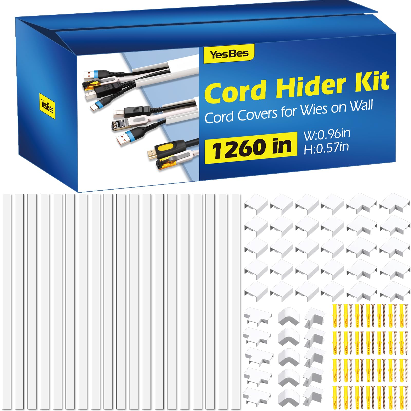 View 1 of 1260in Cord Hider Kit, Cord Covers for Wires on Wall, Paintable Cable Raceway, Cord Hider for Wall Mount tv, tv Cable Hider Wall kit, Wire Covers for Cords, 80X L15.75 X W0.96in X H0.57in, White