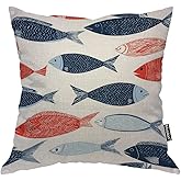 Moslion Fish Pillows Decorative Throw Pillow Cover Fish in The Ocean Pillow Case 18x18 Inch Cotton Linen Square Cushion Cover for Sofa Bed Blue Red