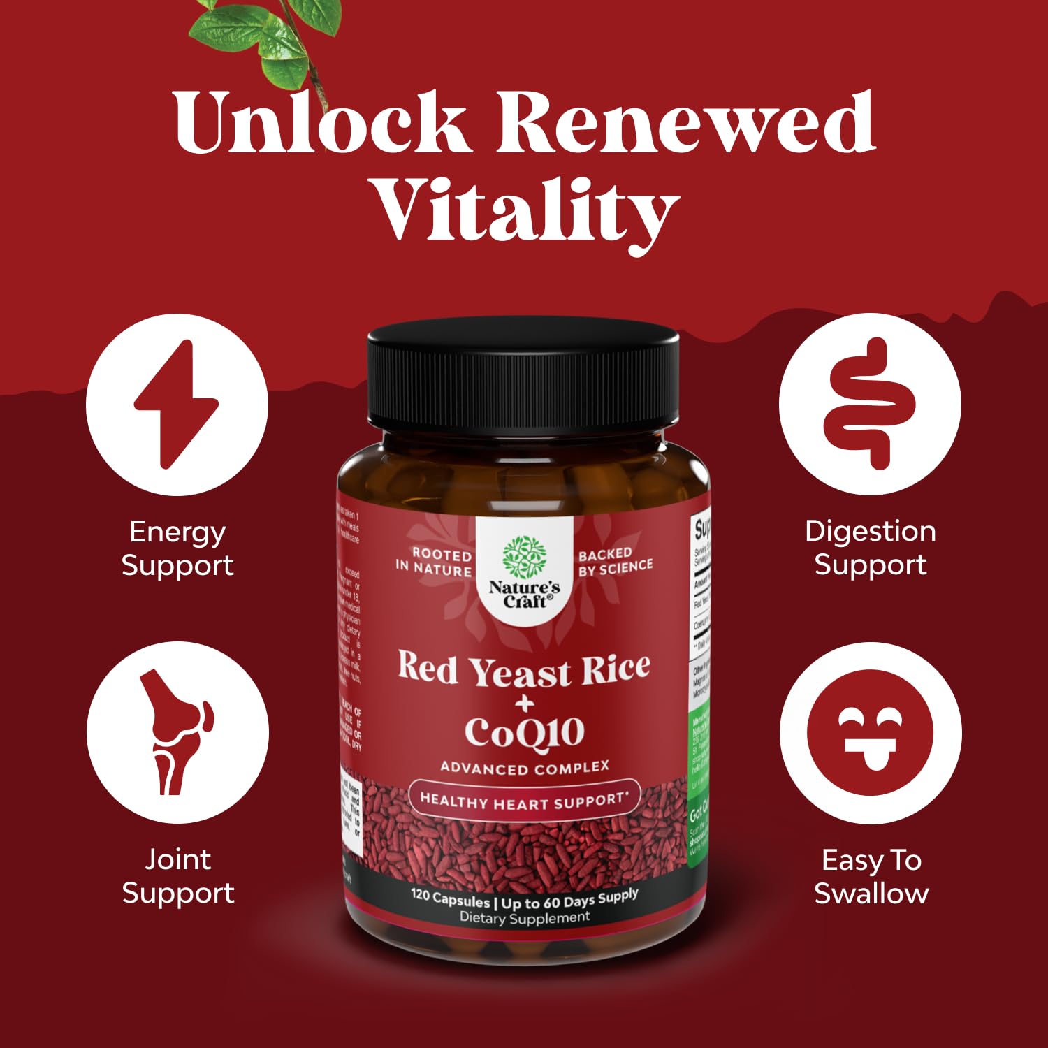 Red Yeast Rice with CoQ10 Supplement - Advanced Healthy Heart & Healthy Cholesterol Levels Formula for Men & Women - Extra Strength Capsule with Red Yeast Rice 1200 mg Capsules with CoQ10-120 Count