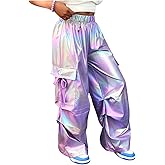 WDIRARA Girl's Metallic Elastic Waist Cargo Pants Baggy Parachute Pants Streetwear