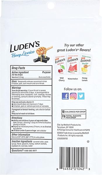 LUDEN’S SORE THROAT RELIEF LOZENGES FOR MINOR EVERYDAY IRRITATION & DRY MOUTH, HONEY LICORICE FLAVORED DROPS, 30 COUNT