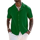 UOUA Men's Summer Button Down Shirts Short Sleeve Textured Beach Shirt Casual Hawaiian Vacation Tops