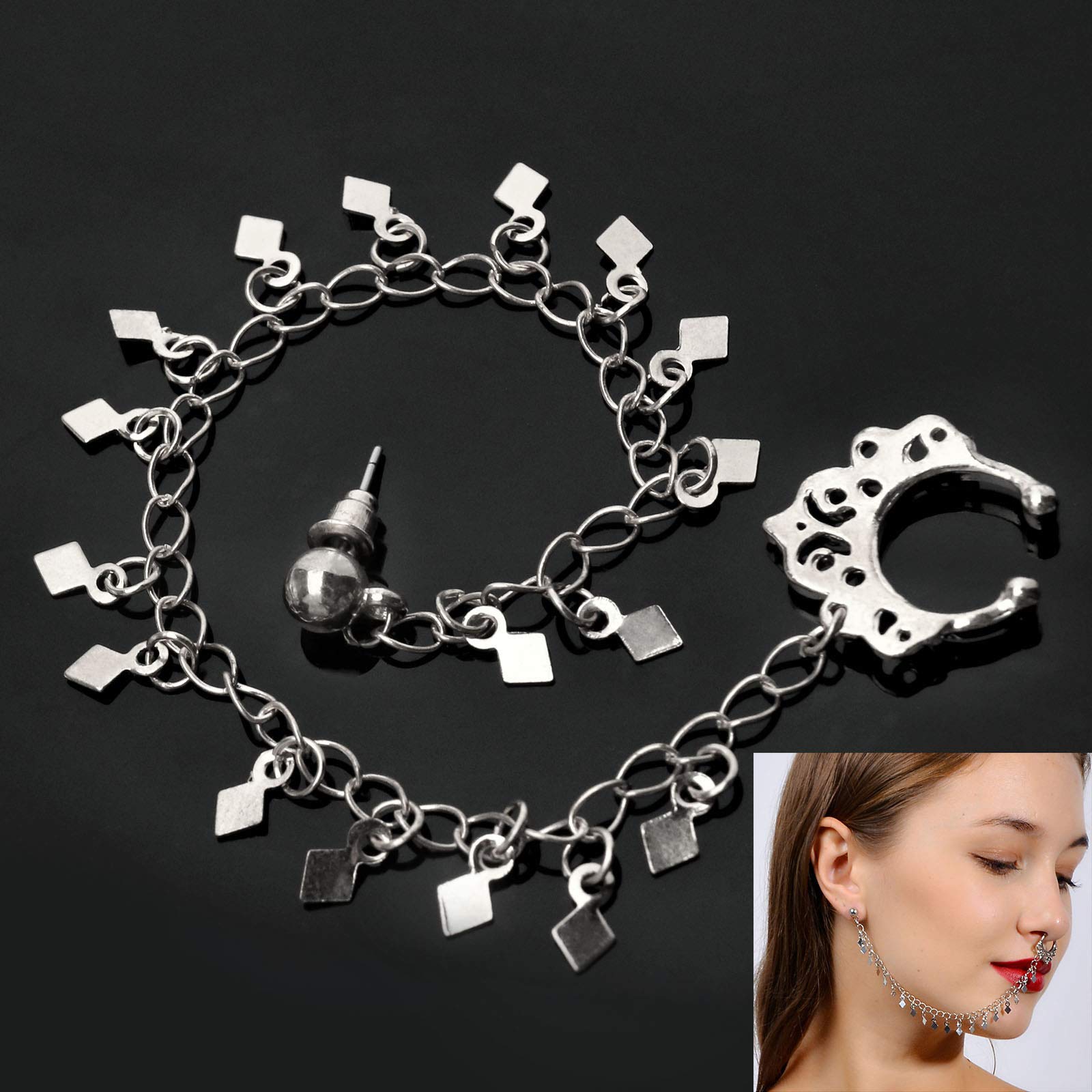 D2D Boho ON TREND SILVER Tone Ear To Nose Tassel Link Nose Chain Night Party Gifts