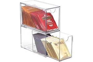 ELLDOO 2 Drawers Tea Bag Organizer, Clear Acrylic Stackable Tea Bag Storage Holder for Kitchen Pantry, Coffee Pod Snack Storage for Countertop Cabinet
