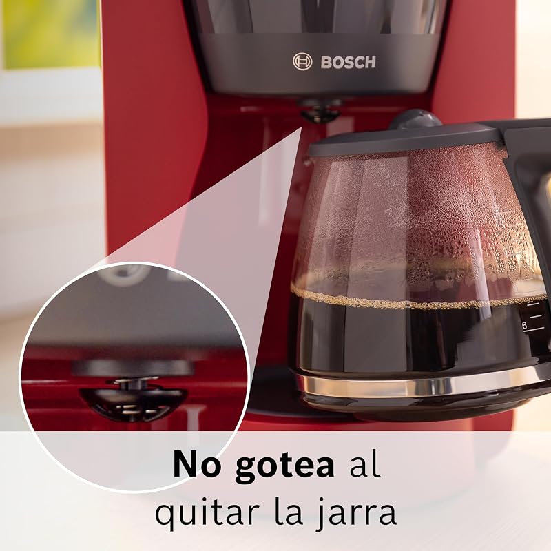 - Máquina de café de gotejamento, garrafa ergonómica de vidro, depósito de água removível, filtro removível, desligamento automático, antigotejamento, vermelho, TKA2M114