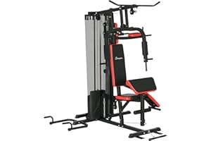 Soozier All-in-One Home Gym System, Multi Gym Workout Station with Weight Stack, LAT Pull Down, Sit up Bench, Push up Stand, 