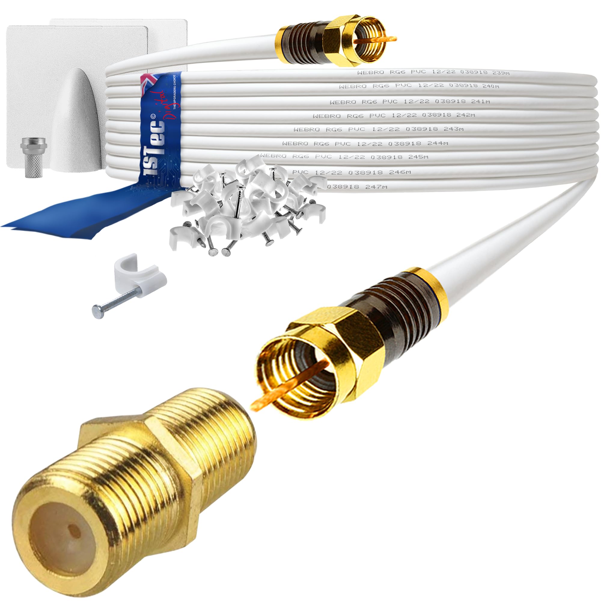 1STec 30m Gold Plated Male to Male Virgin Media Extension Cable with Cable Clips + Female Joining Coupler for V6 TIVO Set Top Box or VIVID Fibre Super Hub Broadband Modems (30 Metre, White)