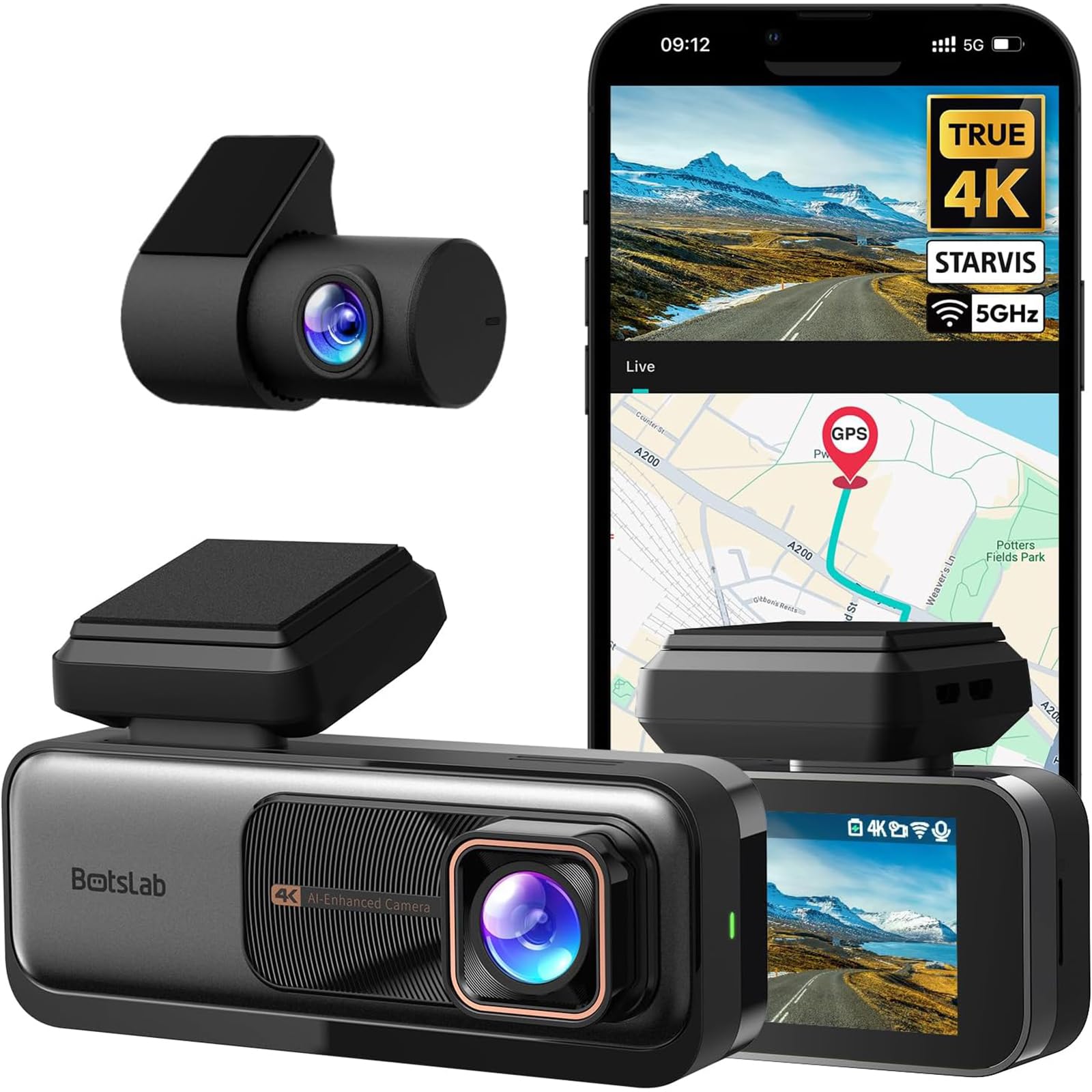 Photo 1 of BOTSLAB 4K Dash Cam Front and Rear, 170° Ultra Wide Dashcam with ADAS, Night Vision, 24/7 Parking Mode, Sony IMX415 Sensor, WDR, Free 64GB SD Card, 5G/2.4G WiFi, Built-in GPS, Loop Recording