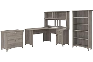 BUSH BUSINESS FURNITURE Bush Furniture Salinas L Shaped Desk with Hutch, File Cabinet and 5 Shelf Bookcase | 3 Piece Home Office Furniture Set in Driftwood Gray | L Shaped Corner Table with Storage