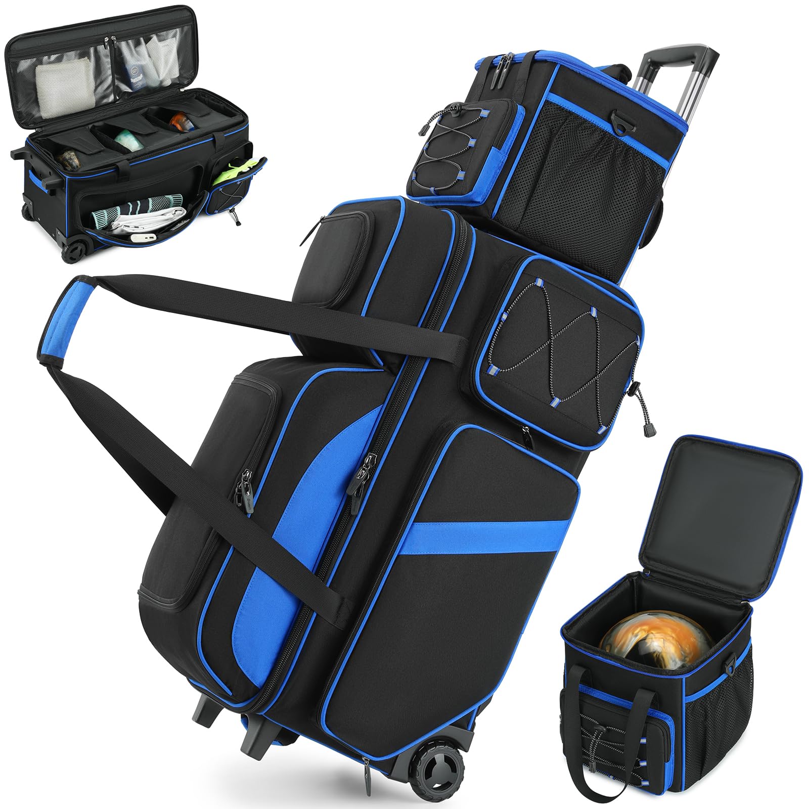 Photo 1 of FFOGH 4 Ball Bowling Bag with Wheels, 3 Ball Bowling Bags Roller with 1 Ball Add On Bag, Multi-Pockets & Shoe Compartment (Fits Up to Size 16), Blue