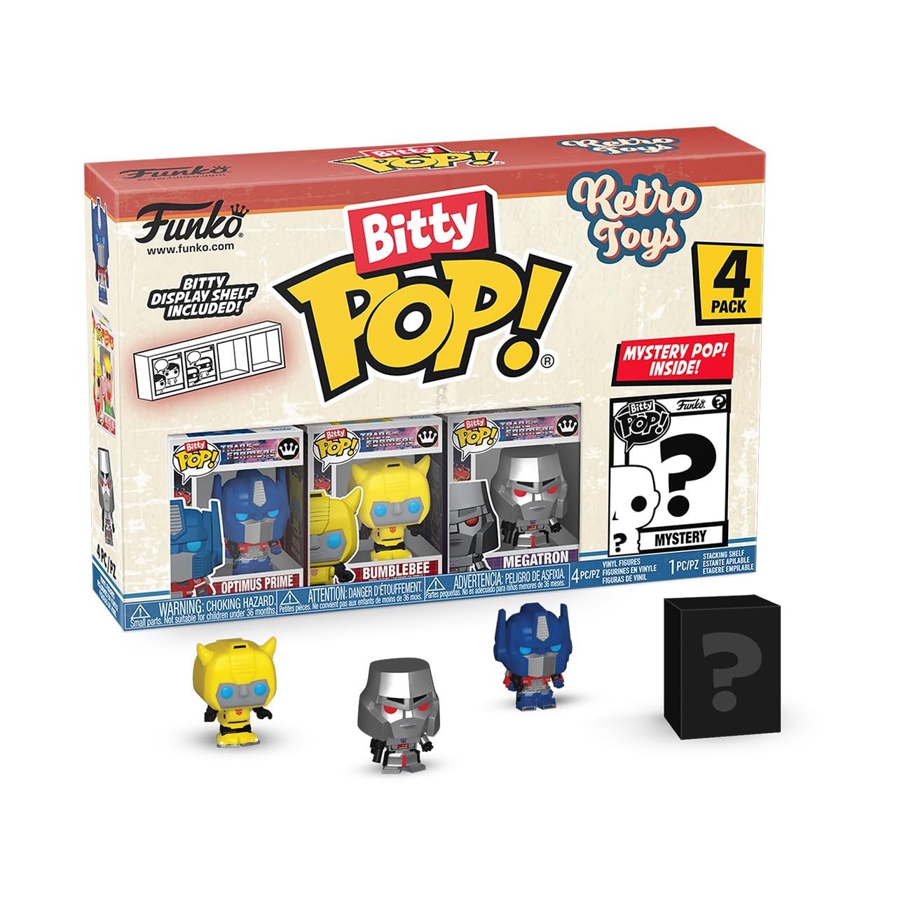 Funko Bitty Pop! Retro Toys - Transformers 4 Pieces and a Surprise Mini Figure - 0.9 Inch (2.2 cm) - Transformers Classic - Optimus Prime Collectible Stackable Display Shelf Included
