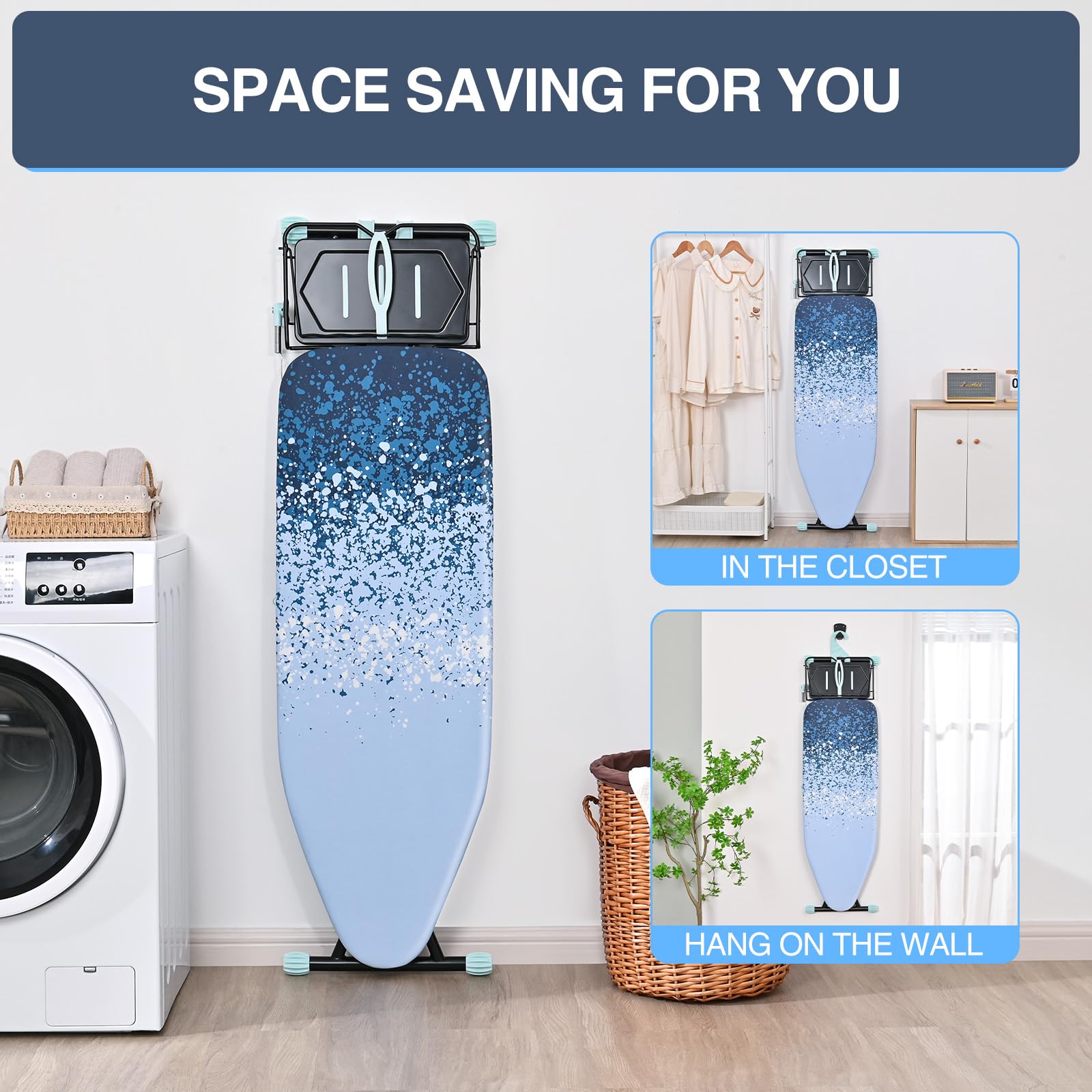 APEXCHASER Full Size Ironing Board,15x45 Metal Panel Iron Board with Iron Rest, Heat & Scorch Resistant Cover, Adjustable Height Heavy Duty Ironing Board with Germent Rack, for Home, Dorm, Ligh Blue