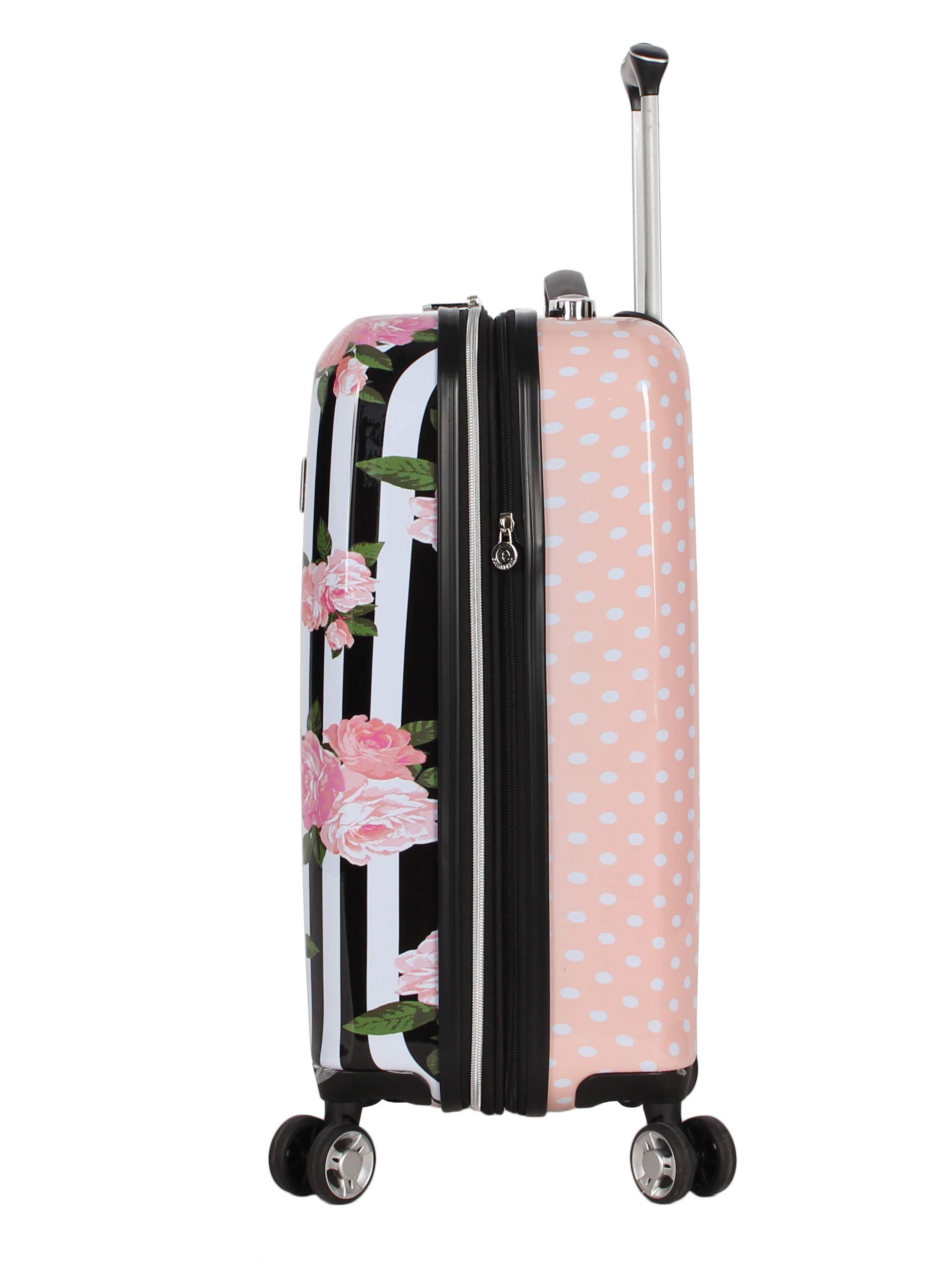 Betsey Johnson Designer 20 Inch Carry On - Expandable (ABS + PC) Hardside Luggage - Lightweight Durable Suitcase With 8-Rolling Spinner Wheels for Women (Stripe Roses)