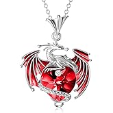 Plesitep Dragon Necklace Sterling Silver Birthstone Wyvern Necklace with Heart Shaped Crystal Jewelry Gift for Women