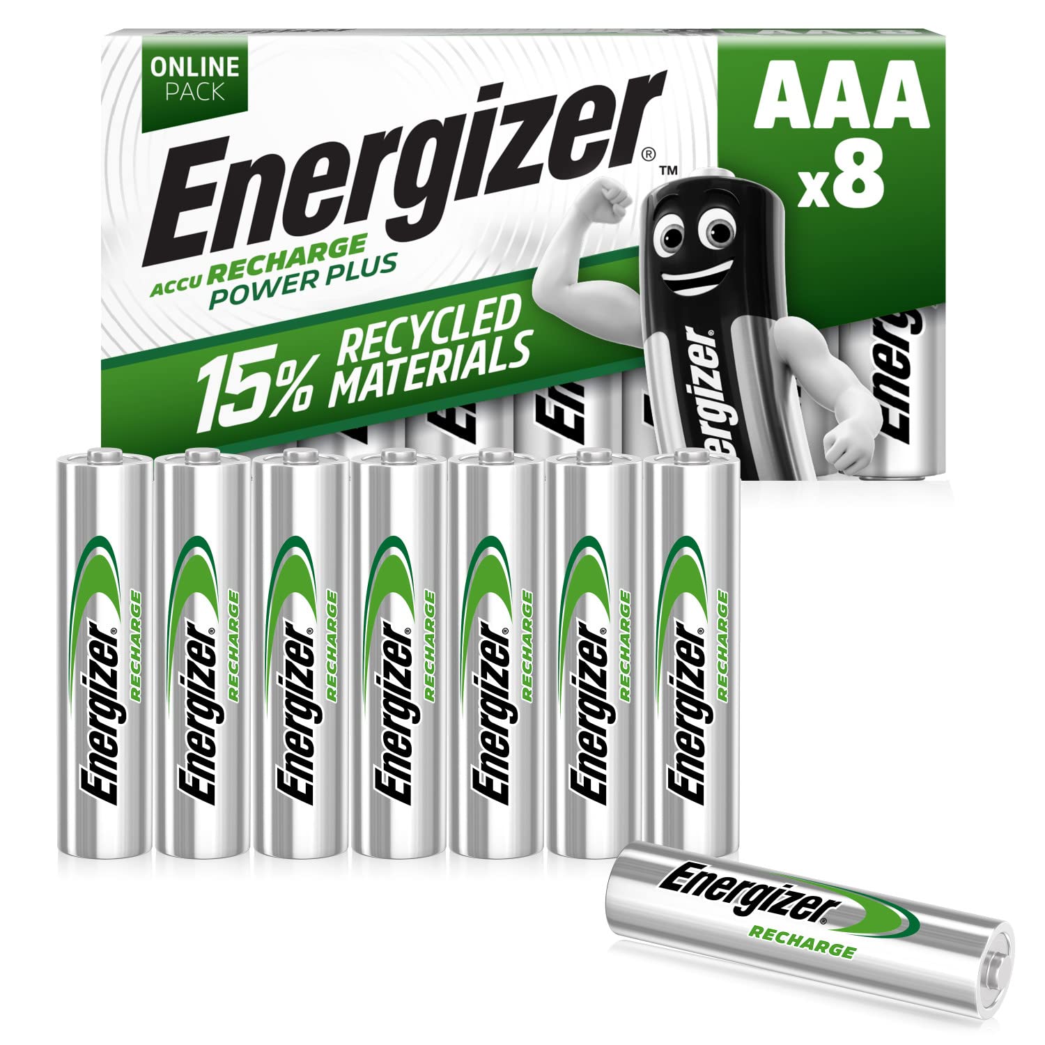 Energizer Recharge Power Plus - Rechargeable AAA Batteries (8 Pack) - 700 mAh NiMH Triple A Battery - 100% Recyclable Plastic Free Packaging