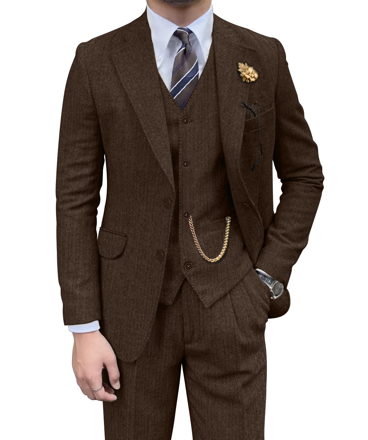 Photo 1 of Retro Herringbone Tweed Mens Suits Dress Slim Fit 3 Pieces Suits Wedding Suit Set Prom Tuxedo Wool Blend Blazer Vest Pants Dark Brown L