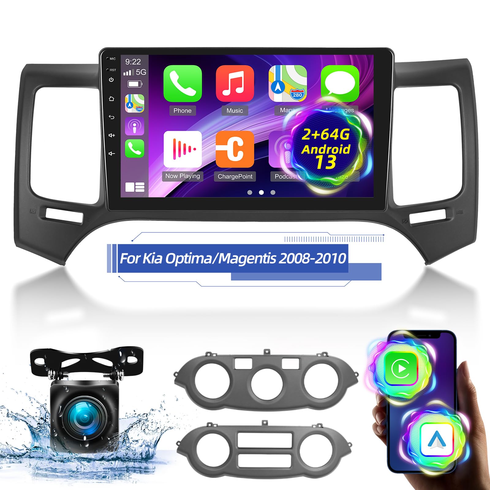 Photo 1 of [2+64G] for Kia Optima/Magentis 2008-2010 Android Car Radio with Wireless Carplay and Android Auto - 9 Inch Touchscreen Car Stereo - DSP/Multiple UI/WiFi/GPS/SWC + AHD Backup Camera