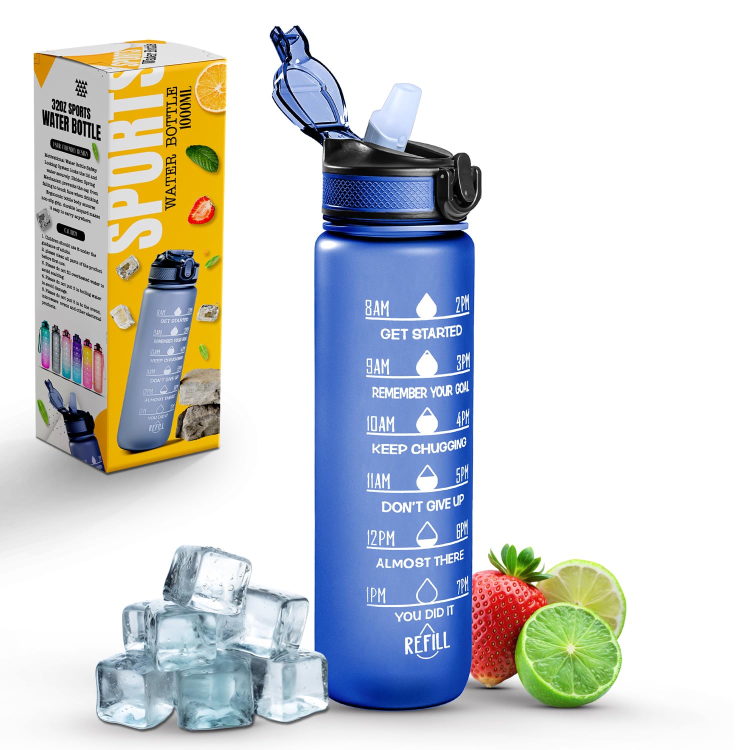 Roe Tenpo Sports Water Bottle with Straw and Time Marking, and 32OZ Capacity - Motivational and Eco-Friendly BPA-Free Bottle for Running, Gym, Yoga, Outdoors, and Camping (Style-1, Blue)