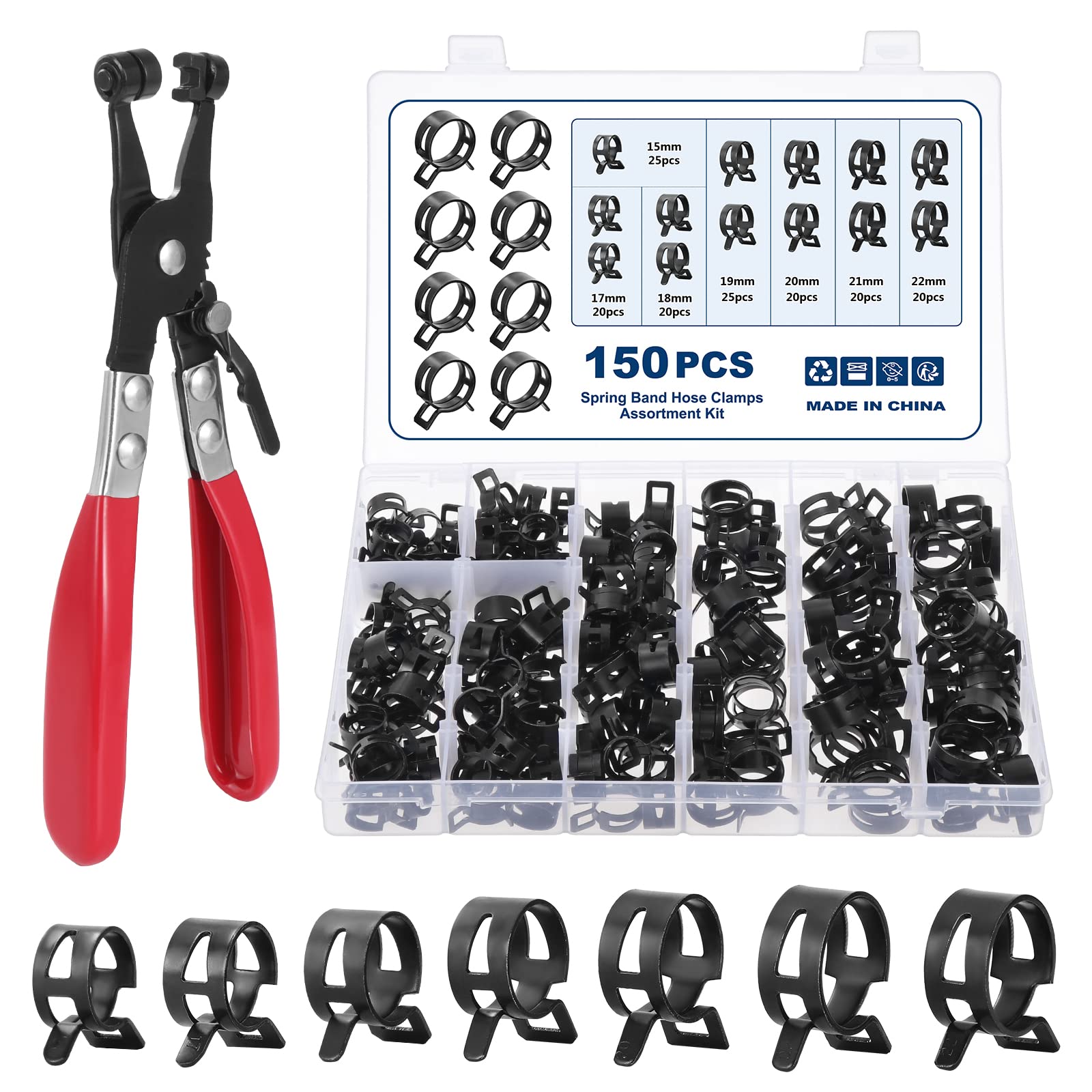 Faankiton 150PCS 7 Sizes 15-22mm Fuel Line Hose Clips Water Pipe Air Tube Silicone Vacuum Hose Clamp Fastener Assortment Kit, Fuel Line Clamps, Spring Hose Clamps with a Hose Clamp Pliers (Black) — image 1