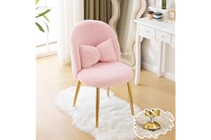 VINGLI Fluffy Girls Vanity Chair with Back & Pillow,Cute Small Cozy Desk Chair No Wheels,Comfy Makeup Ch with Ajustable Gold Legs,for Bedroom,Living Room,Small Space,Pink