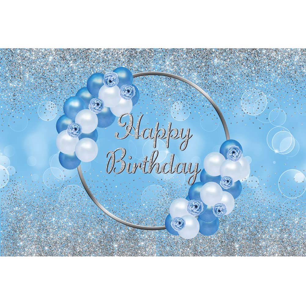 Renaiss 8x6ft Blue and Silver Happy Birthday Backdrop Silver Glitter Sparkle Blue White Balloon Flowers Photography Background Kid Adult Birthday Party Dessert Cake Table Decor Studio Booth Props