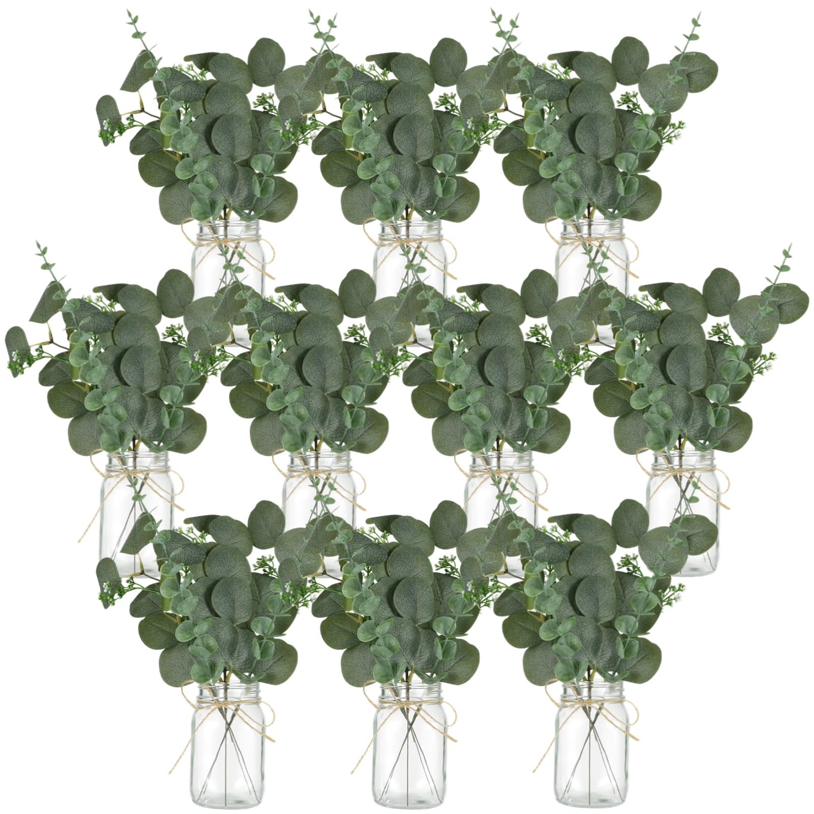 Photo 1 of 10 Set Mason Jar Centerpieces for Tables Centerpiece with Eucalyptus Breath, Clear Glass Mason Jar Vases with Rope, Wedding Table Centerpieces Bridal Shower Engagement Reception Rustic Farmhouse Decor